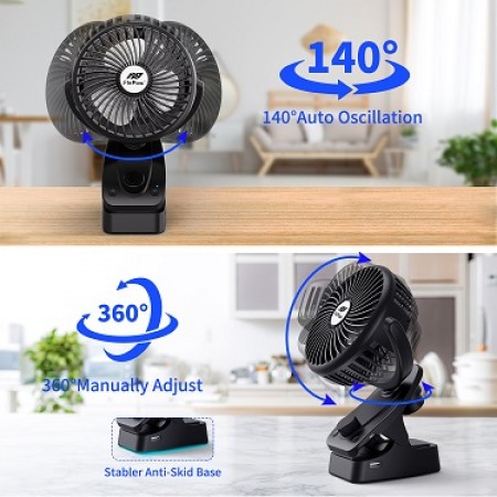 Clip on Stroller Fan – Battery Operated Portable Rechargeable Fan with Cooling & Refreshing Natural Wind, 5200mAh Battery, 140° Auto Oscillation for Baby Stroller, Beds, Desk, Camping, and Travelling